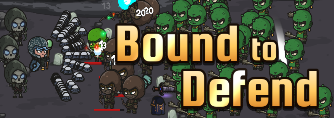 Bound to Defend, the hero holding back a horde of orcs and skeletons